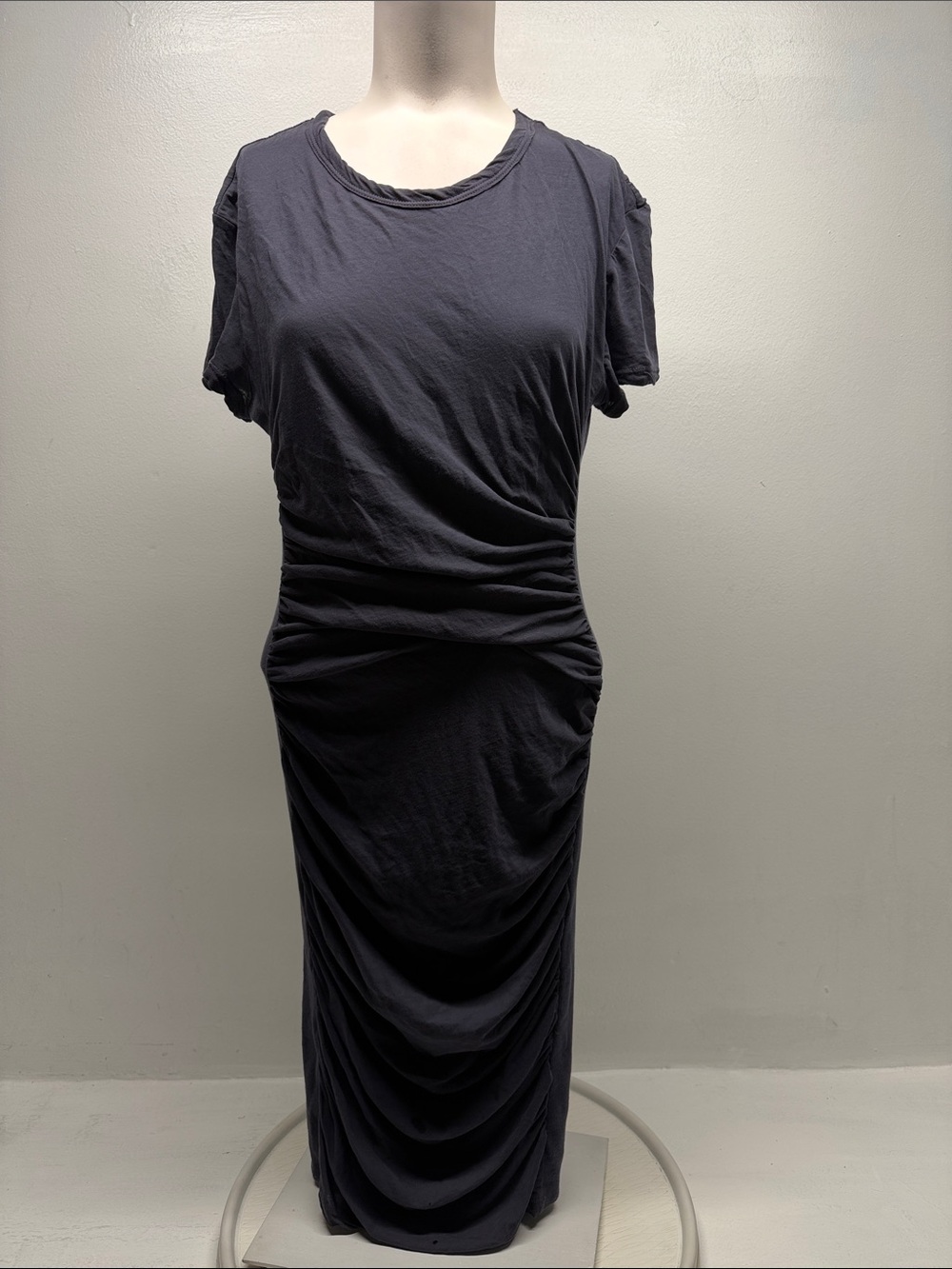 James Perse Dress Midi Crew Neck Mixed Media Side Panel Ruched Cotton Grey XL